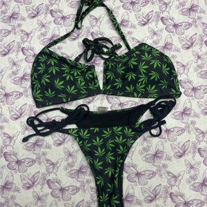 SHEIN Black and Green Leaf Print Bikini
